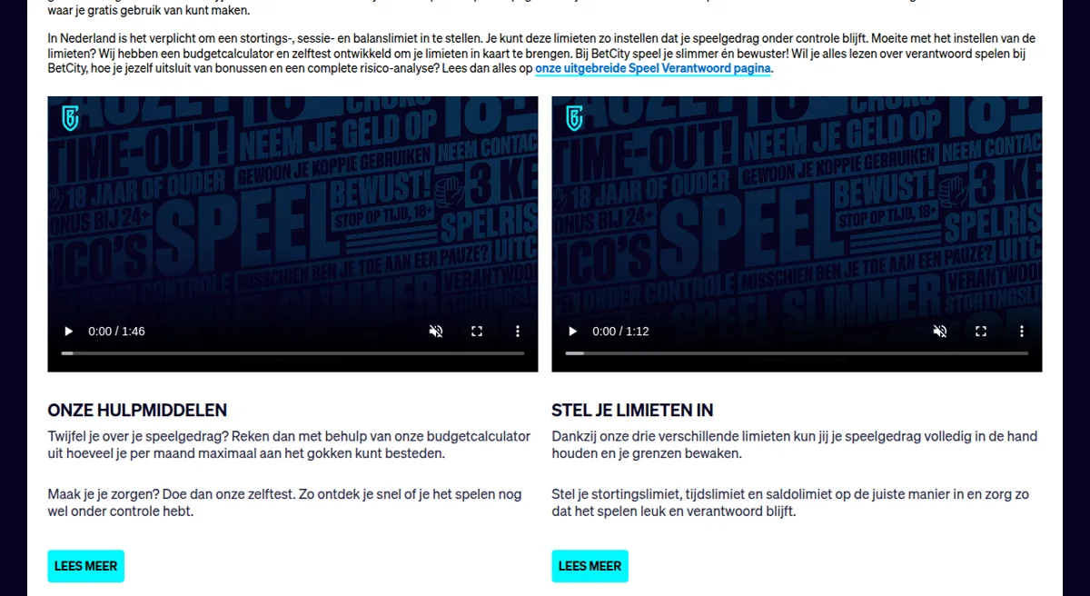 Instellingen voor verantwoord spelen bij BetCity