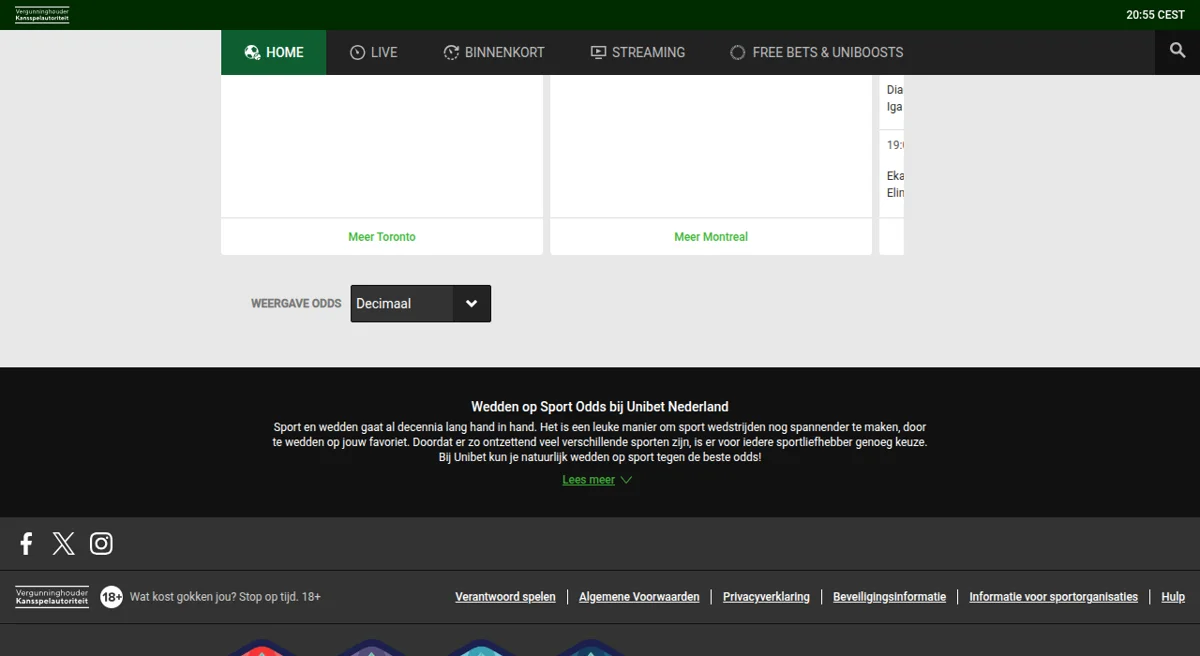 Unibet quoteringenpagina voor sportweddenschappen in Nederland